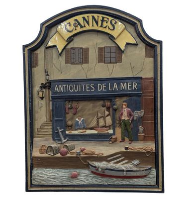 une photo d'un tableau représentant la devanture d'un magasin avec un bateau devant