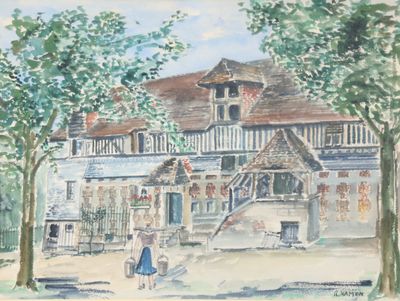a watercolor painting of a woman walking in front of a house