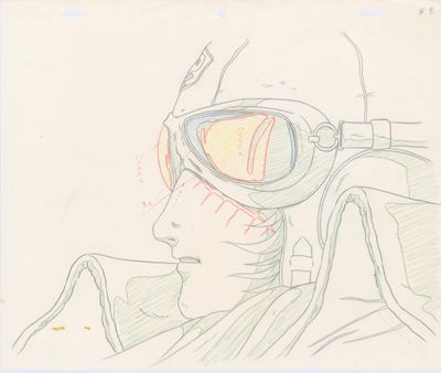 dessin représentant un homme portant un casque et des lunettes de protection, assis sur une chaise