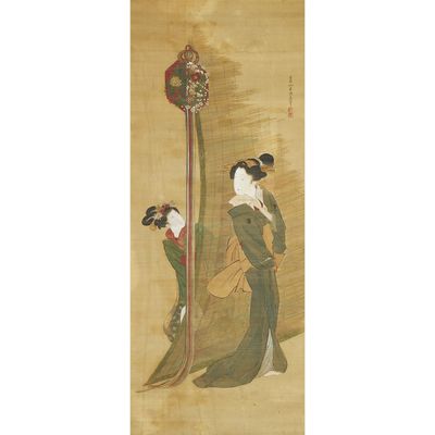 a painting of a woman in a kimono dress and a man in a kimono