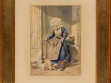 painting of a woman with a dog and a cat in a doorway