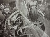 an illustration of a woman in a long dress standing next to a dragon