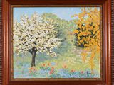 an oil painting of a tree and flowers in a field