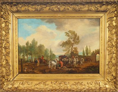 un tableau représentant une calèche tirée par des chevaux dans un paysage boisé