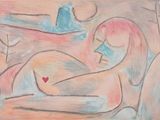 painting of a woman laying on a couch with a heart in her lap