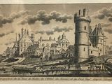 an old drawing of a castle with a lot of people on it