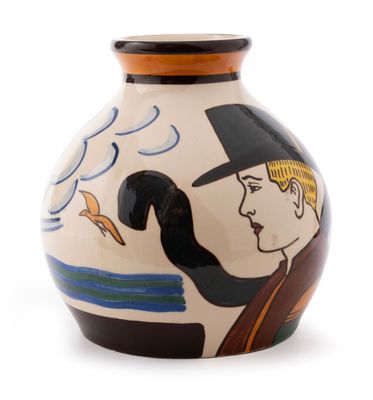 a vase with a picture of a man and a bird on it