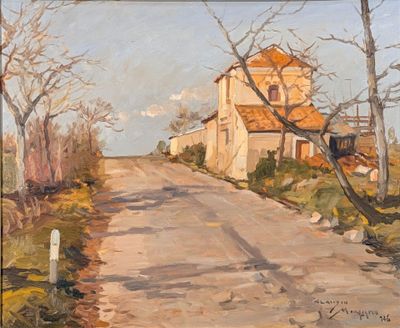 painting of a country road with a house and trees in the background