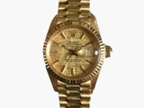 gold rolex watch on a gold bracelet on a white background