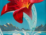 une fleur rouge sur fond bleu, avec des montagnes en arrière-plan