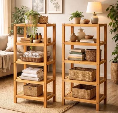 deux étagères en bois sur lesquelles sont posés des paniers et des plantes, dans un salon