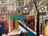 painting of a city street scene with people walking down the sidewalk