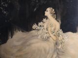 un tableau représentant une femme en robe blanche, assise par terre