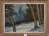 une peinture d'un paysage enneigé avec des arbres au premier plan