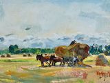 une peinture à l'huile représentant deux chevaux tirant du foin dans un champ