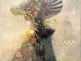 une peinture à l'huile représentant une femme portant un grand chapeau et des fleurs dans les cheveux