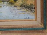 a painting of a river with a bridge in the background