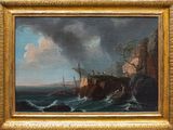 une peinture à l'huile représentant un bateau sur un plan d'eau près d'une falaise