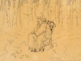a drawing of a woman sitting on a chair in the woods