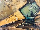 a painting of a vase on a table in a room
