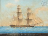 an old painting of a ship in the water with a sky background
