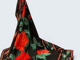 a black scarf with a red rose on it