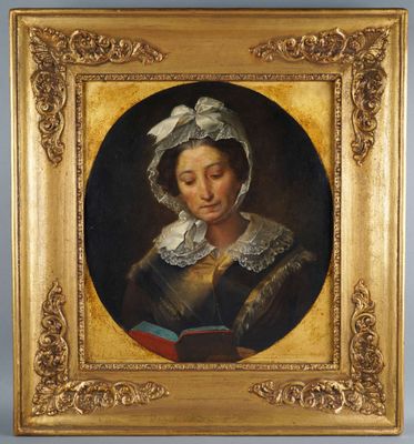 a painting of a woman wearing a bonnet and holding a book