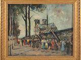 une peinture à l'huile représentant une foule de personnes marchant dans une rue