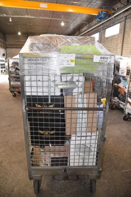 a large metal cart with a lot of boxes on it