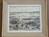 framed watercolor painting of a landscape with a river and trees