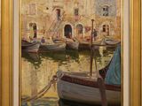 an oil painting of boats in a harbor with buildings in the background