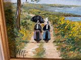a painting of two people walking down a path with an umbrella