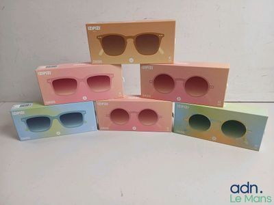 four pairs of sunglasses in different colors and sizes