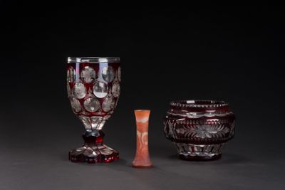 three wine glasses sitting next to each other on a table