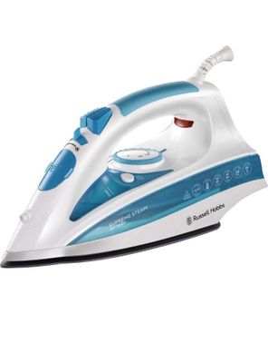 a white and blue steam iron sitting on top of a white surface