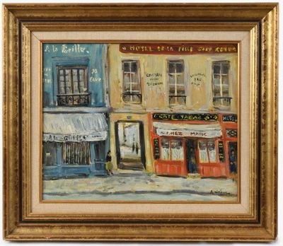 an oil painting of a city street scene with buildings and shops