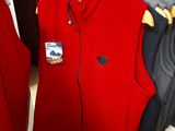 a red vest that has a picture of a mountain on it