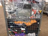 a shopping cart with many items in it in a warehouse
