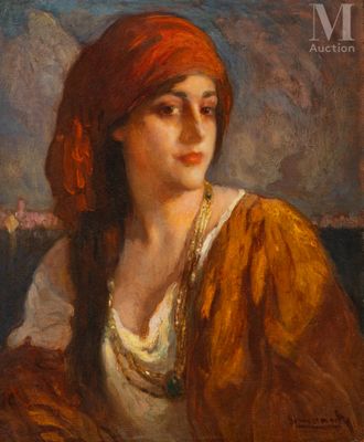 un tableau représentant une femme portant un foulard rouge sur la tête