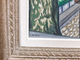 a painting of a woman sitting on a bench by a tree