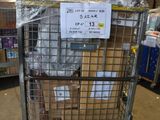 a cart with boxes and a sign on it in a warehouse