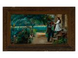a painting of a man and a woman in a garden with a dog