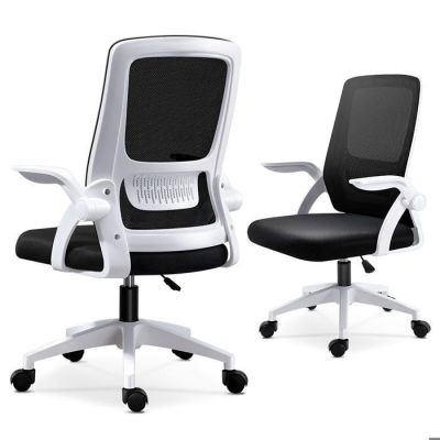 two black and white office chairs on wheels against a white background