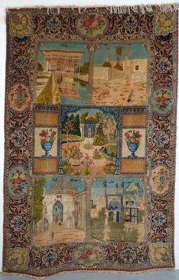 an antique rug with a picture of a town and a river