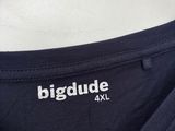 black t - shirt with bigdude xxl on it hanging on a wooden hanger