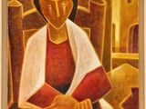 une peinture à l'huile représentant une femme en train de lire un livre devant un immeuble