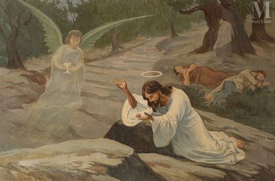 painting of a man kneeling on a rock with angels in the background