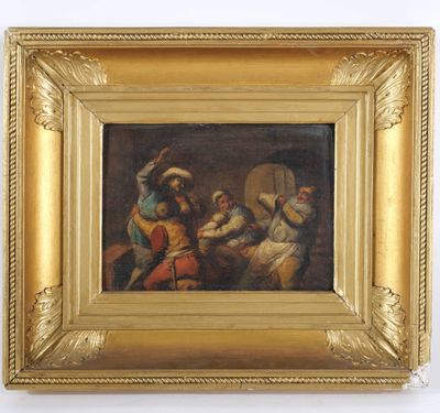 une peinture à l'huile représentant un groupe de personnes dans une pièce