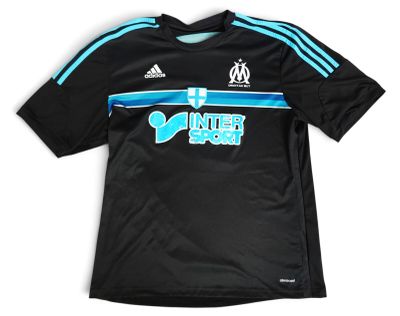 a black shirt with a blue and white logo on the chest