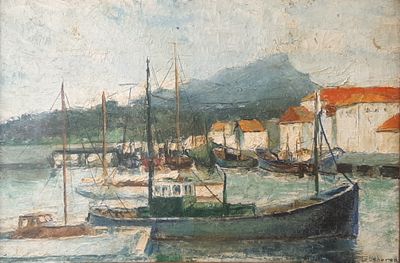 a painting of a harbor scene with boats in the water